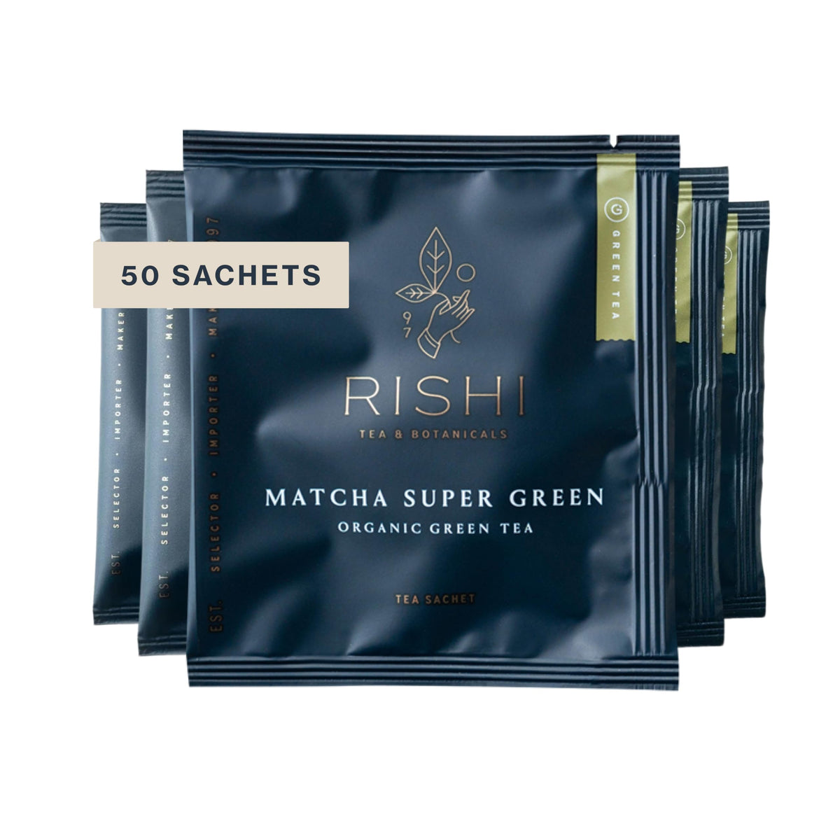 Rishi Tea Matcha Super Green sachet bag ready for a quick, energizing brew.