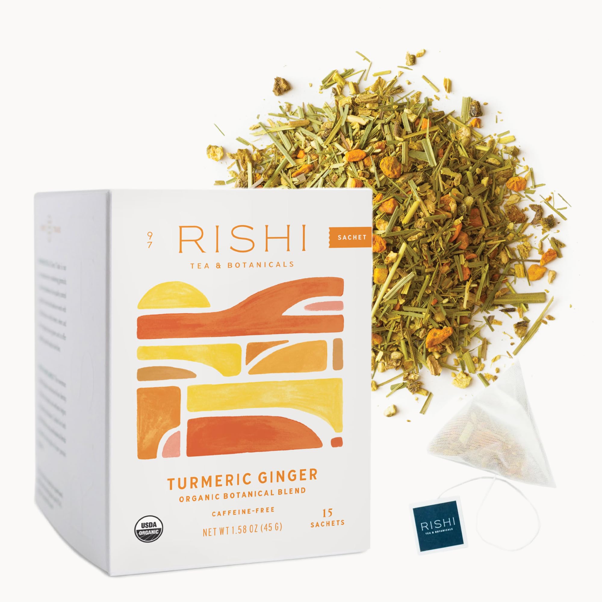 Rishi Tea Turmeric Ginger tea bag ready to brew a warm, caffeine-free moment.
