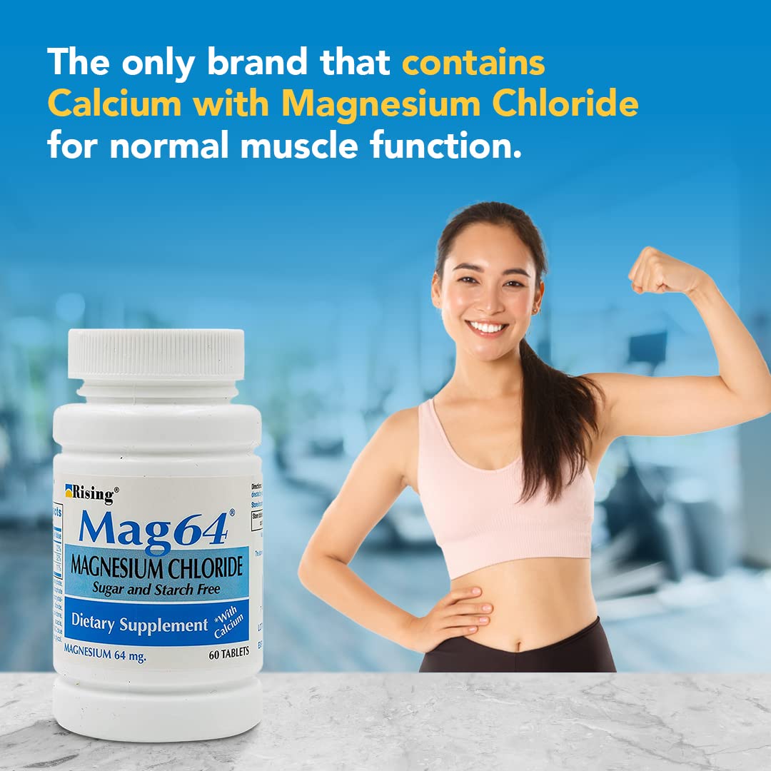 Rising Mag64 benefits infographic illustrates magnesium's role in metabolism and muscle function.