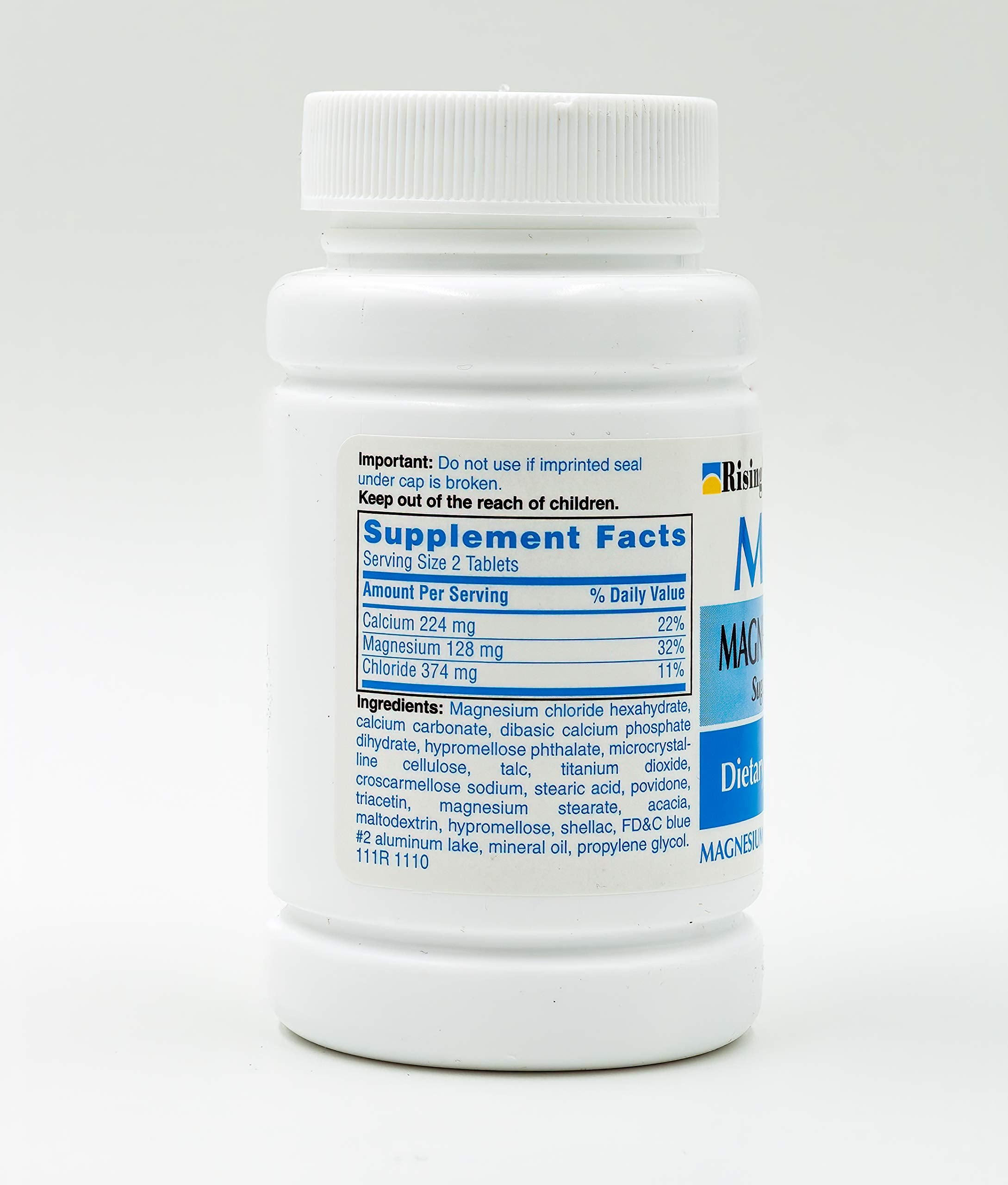 Rising Mag64 bottle back-label highlights calcium and magnesium for heart and nervous system support.