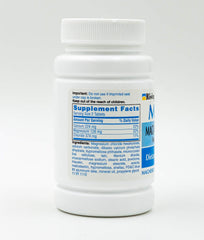 Rising Mag64 bottle back-label highlights calcium and magnesium for heart and nervous system support.