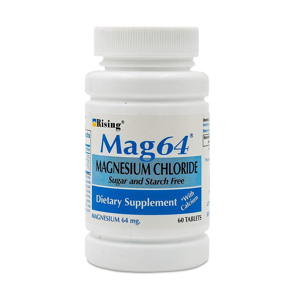 Rising Mag64 bottle front view showing easy daily magnesium and calcium support.