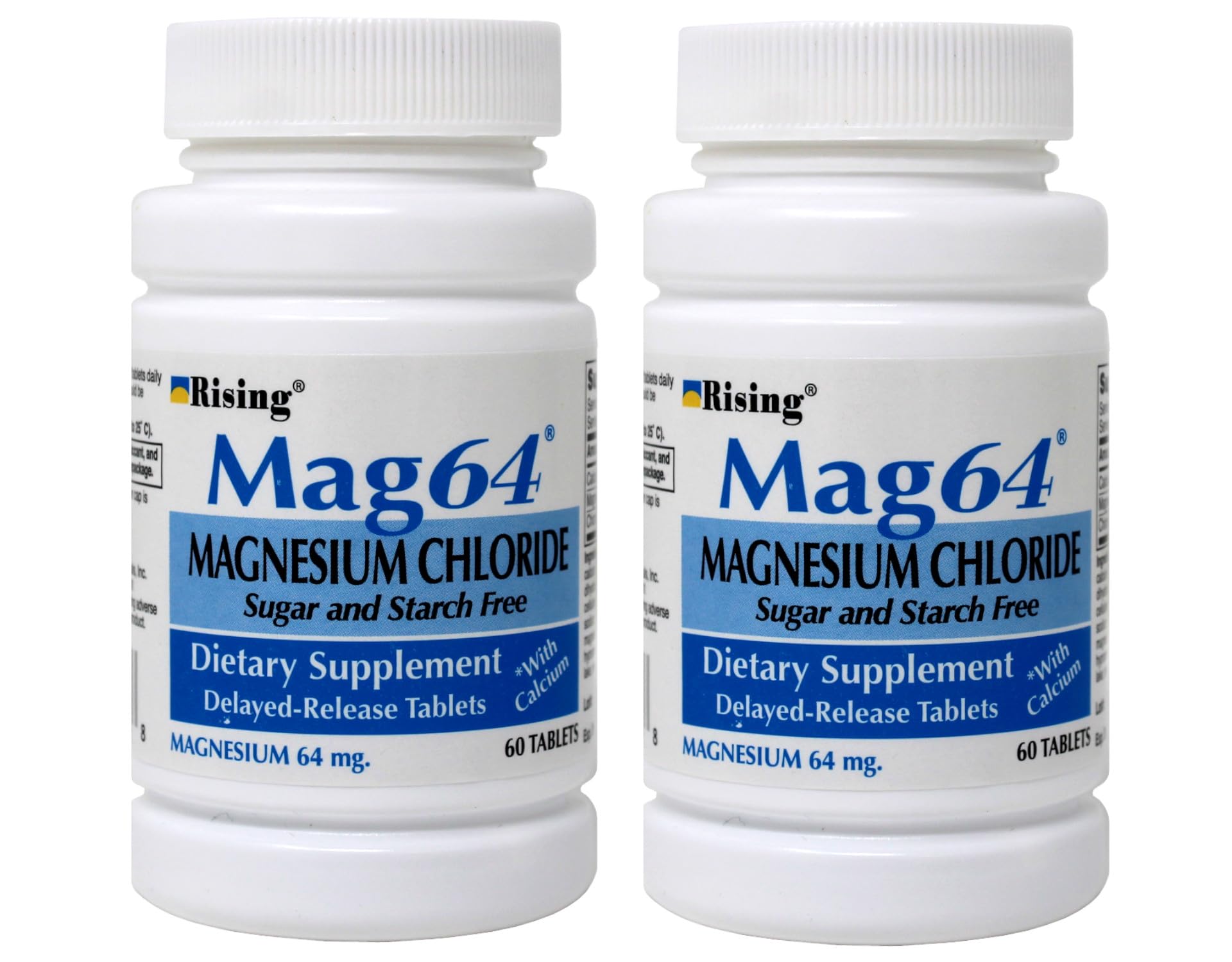 Rising Mag64 delayed-release tablets in a 60-count bottle promote steady mineral support.