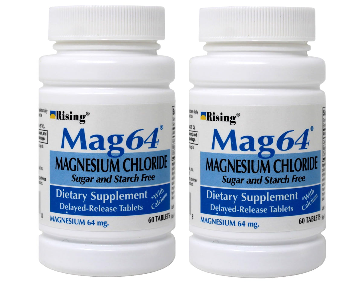 Rising Mag64 delayed-release tablets in a 60-count bottle promote steady mineral support.