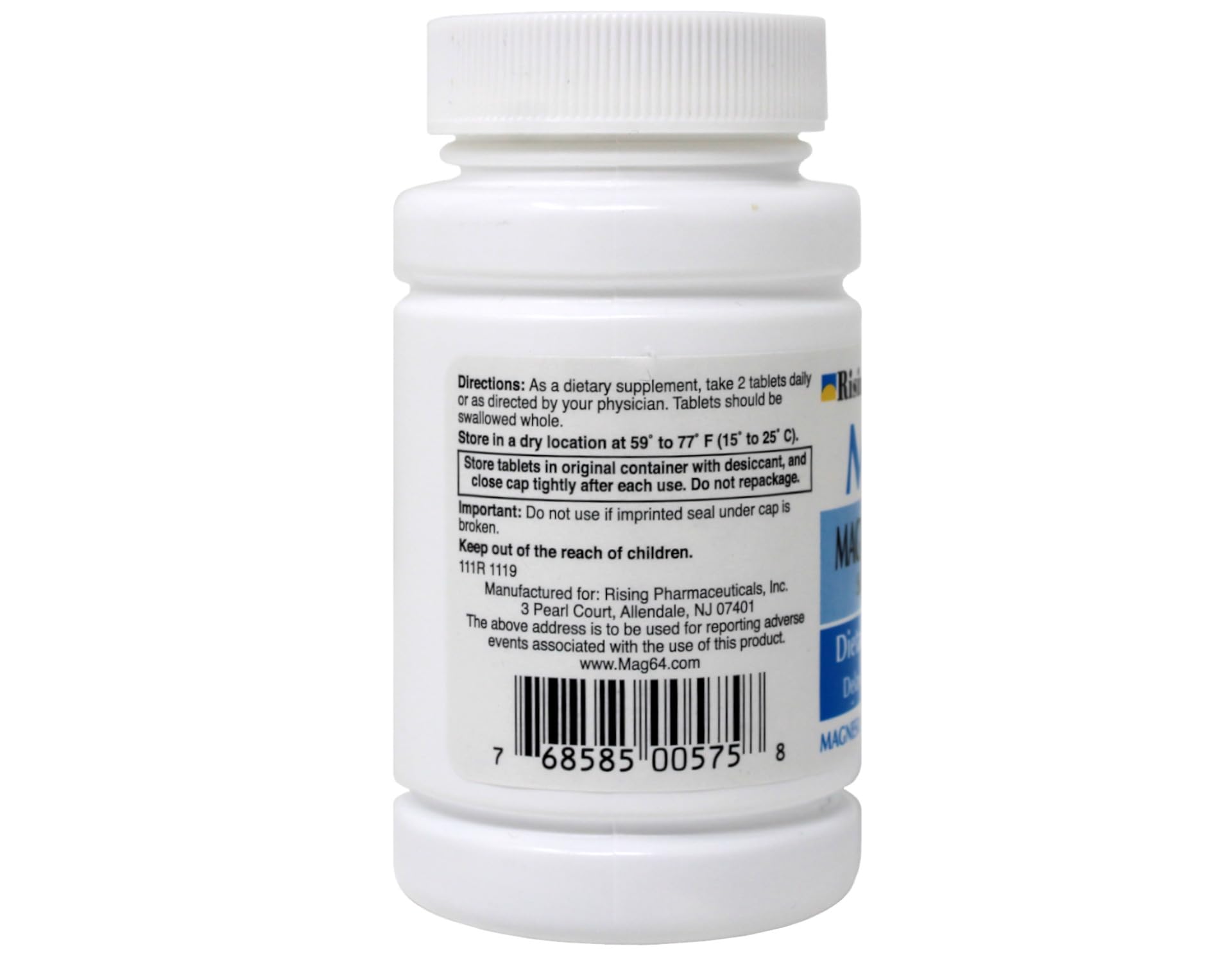 Rising Mag64 dispensed tablets scene suggests easy daily supplementation.