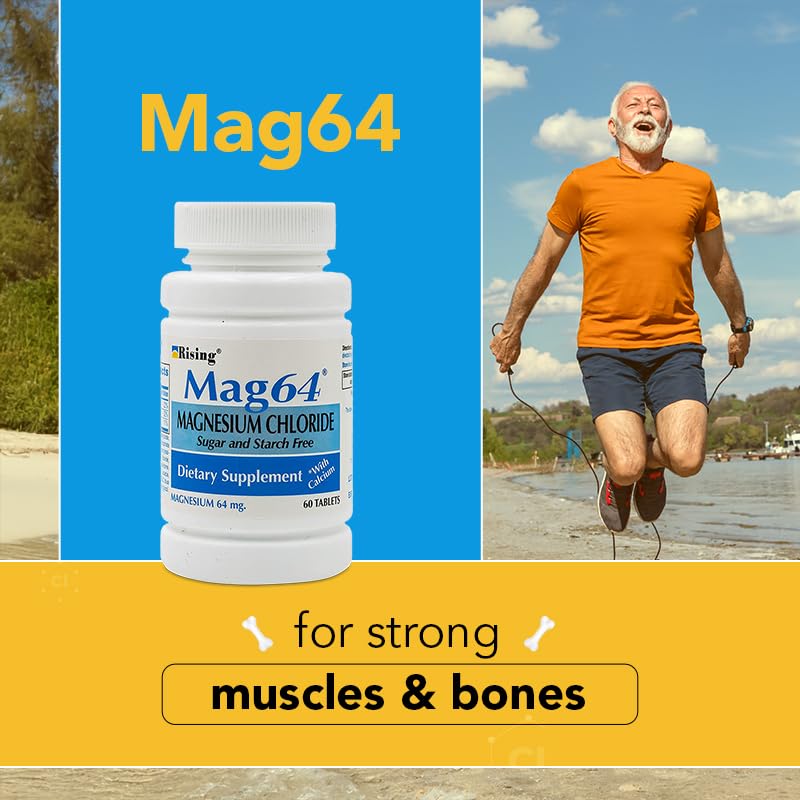 Rising Mag64 tablets closeup displays evenly formed capsules for convenient daily supplementation.