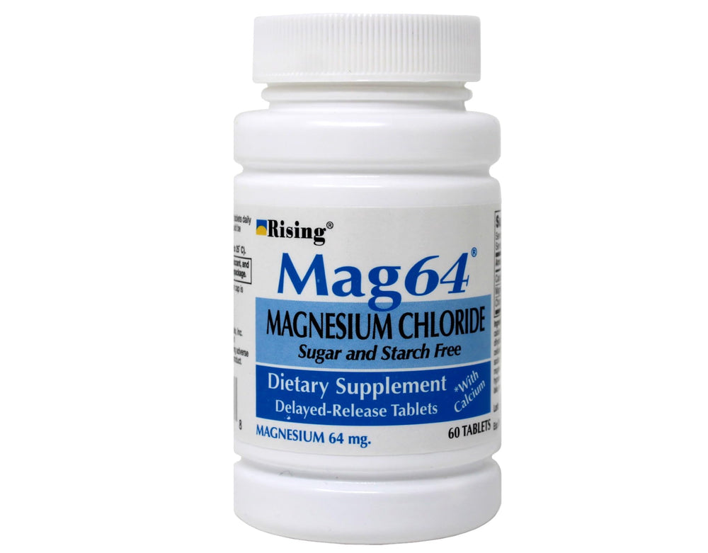 Rising Mag64 tablets in amber bottle close-up for reliable magnesium absorption.