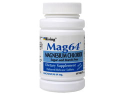 Rising Mag64 tablets in amber bottle close-up for reliable magnesium absorption.