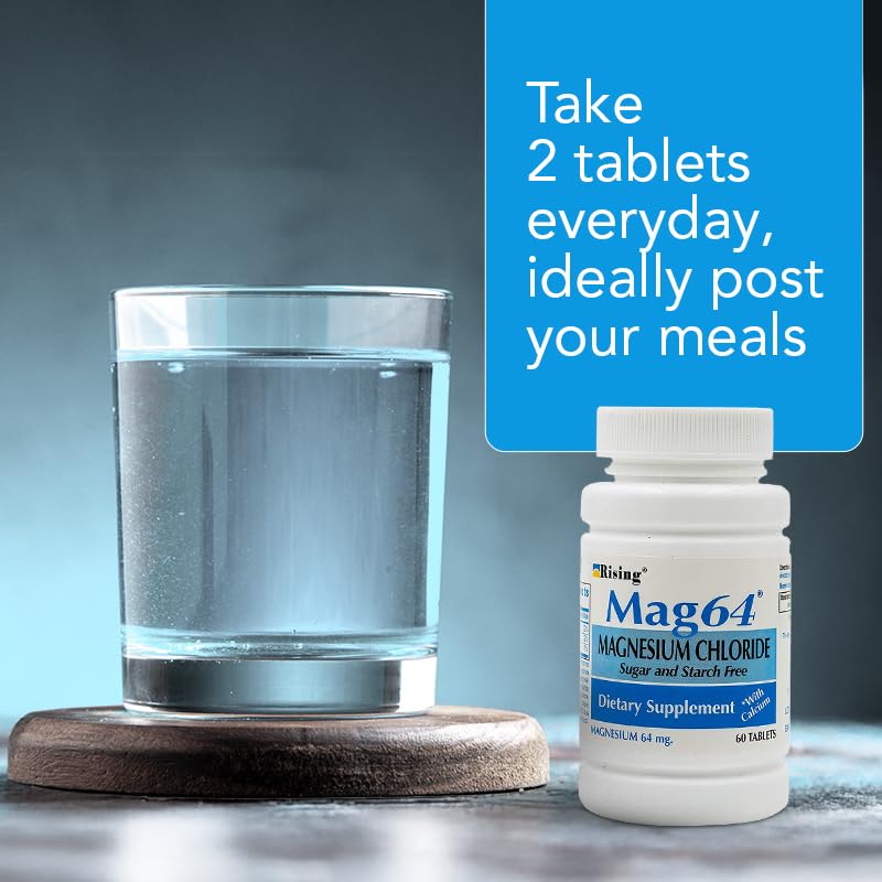 Rising Mag64 usage scenario shows taking tablets with water during morning routine.