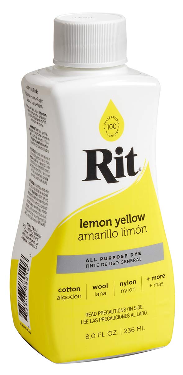 Rit All-Purpose Liquid Dye Lemon Yellow bottle pour for vibrant fabric color.