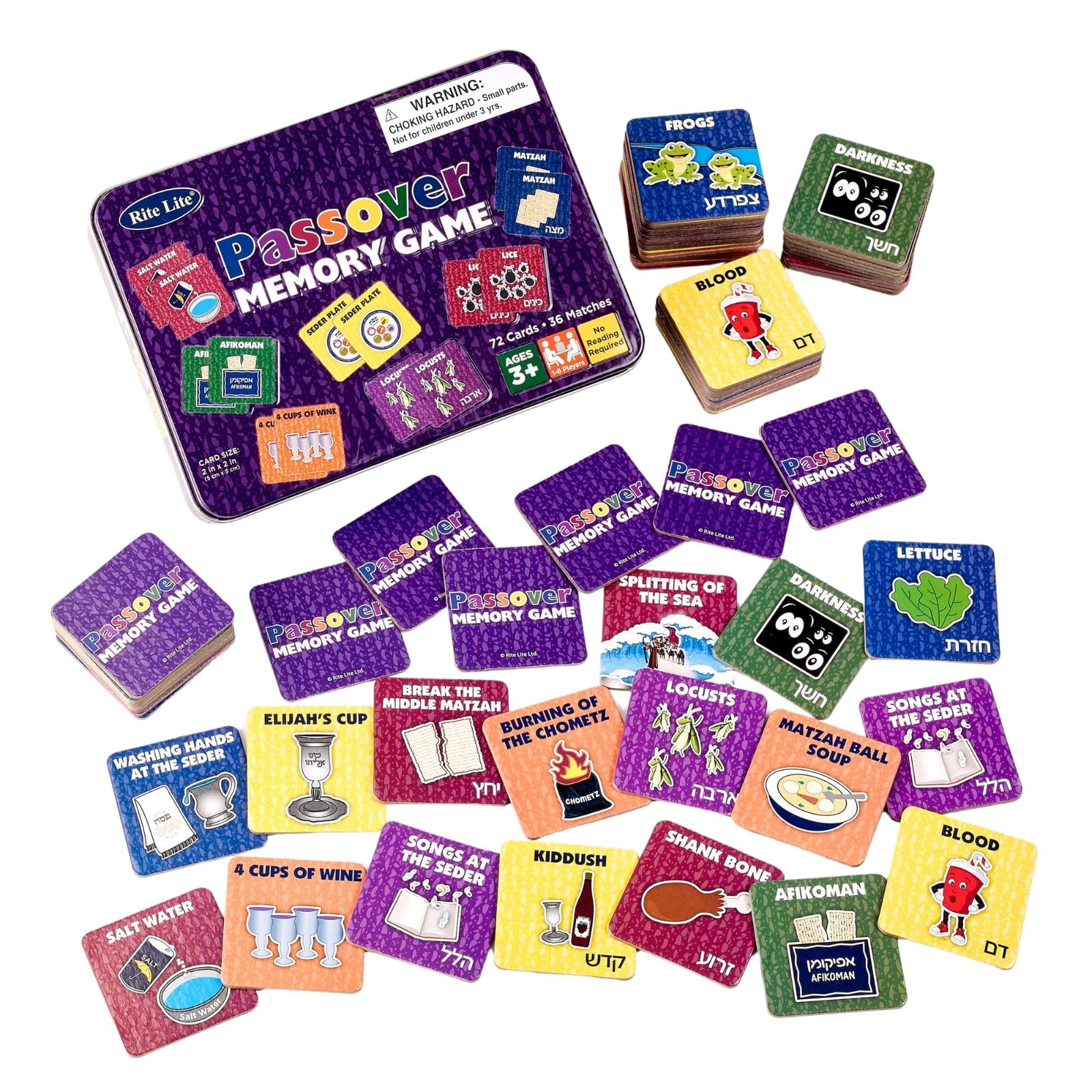 Rite Lite Passover Memory Game tin holds 72 cards for family fun.