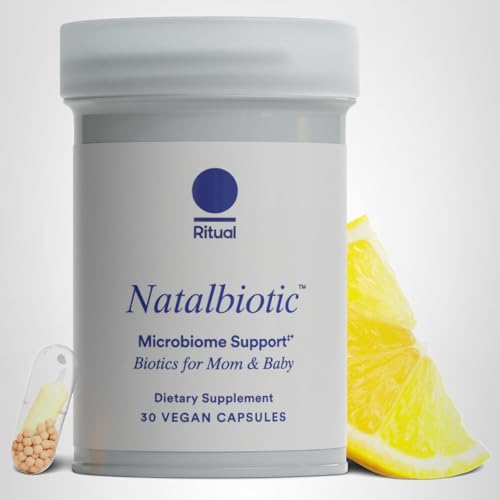 Ritual Natalbiotic bottle with citrus flavor suggesting immune and microbiome support for mom.