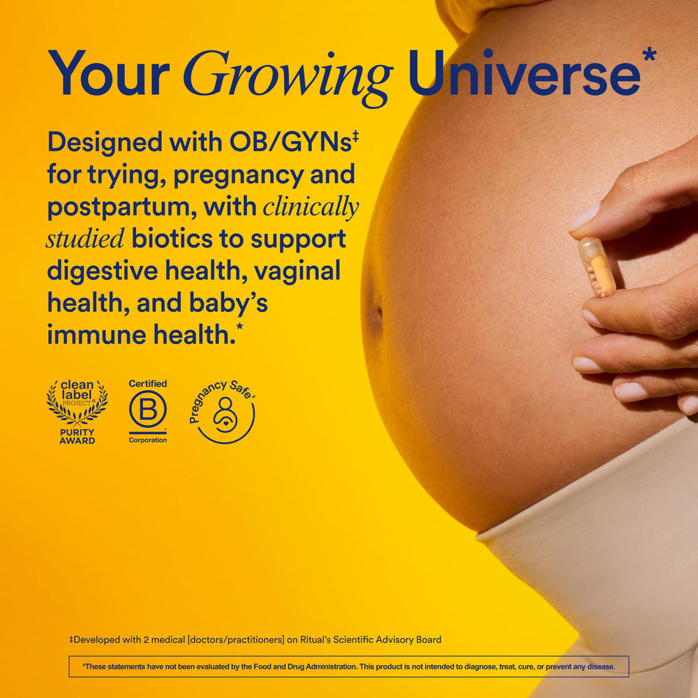 Ritual Natalbiotic citrus capsules close-up showing probiotic formula for gut balance.