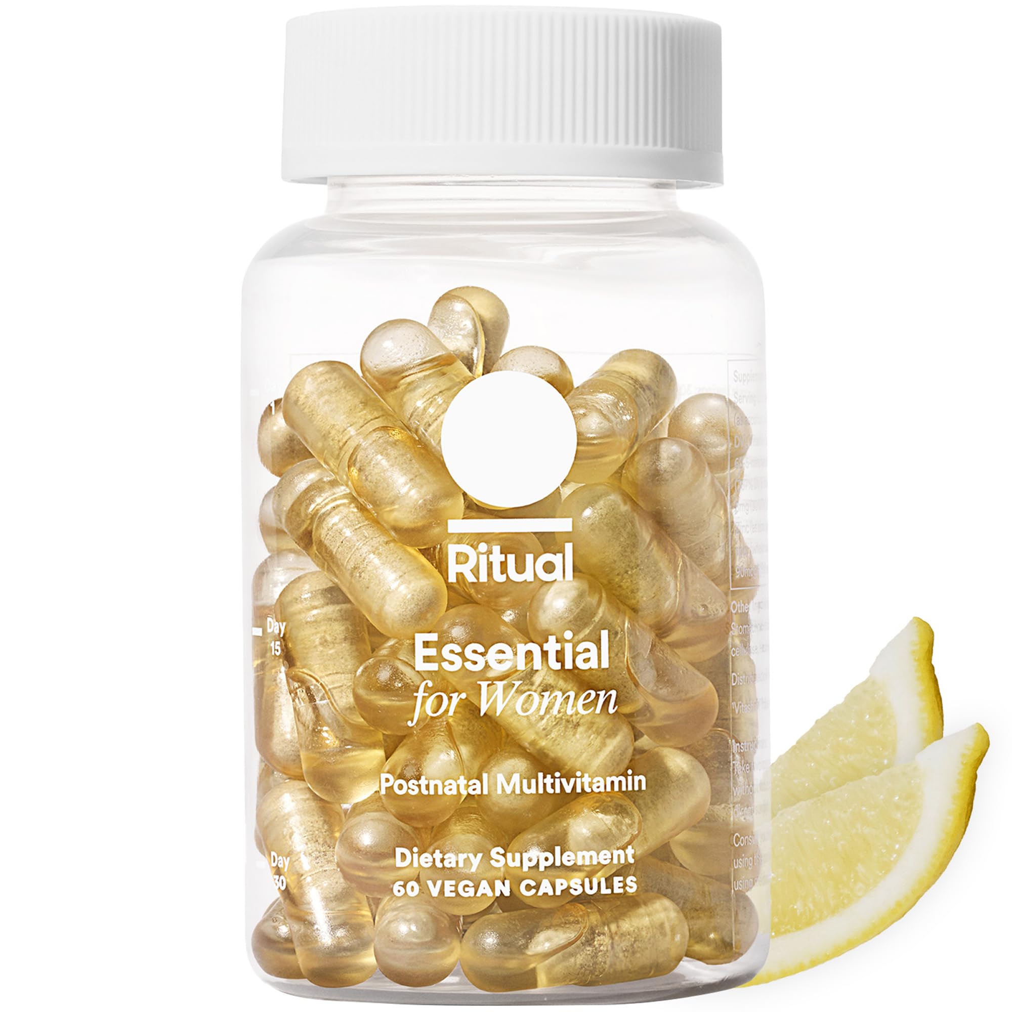 Ritual Postnatal Multivitamin bottle front with citrus flavor for postpartum nutrient intake.