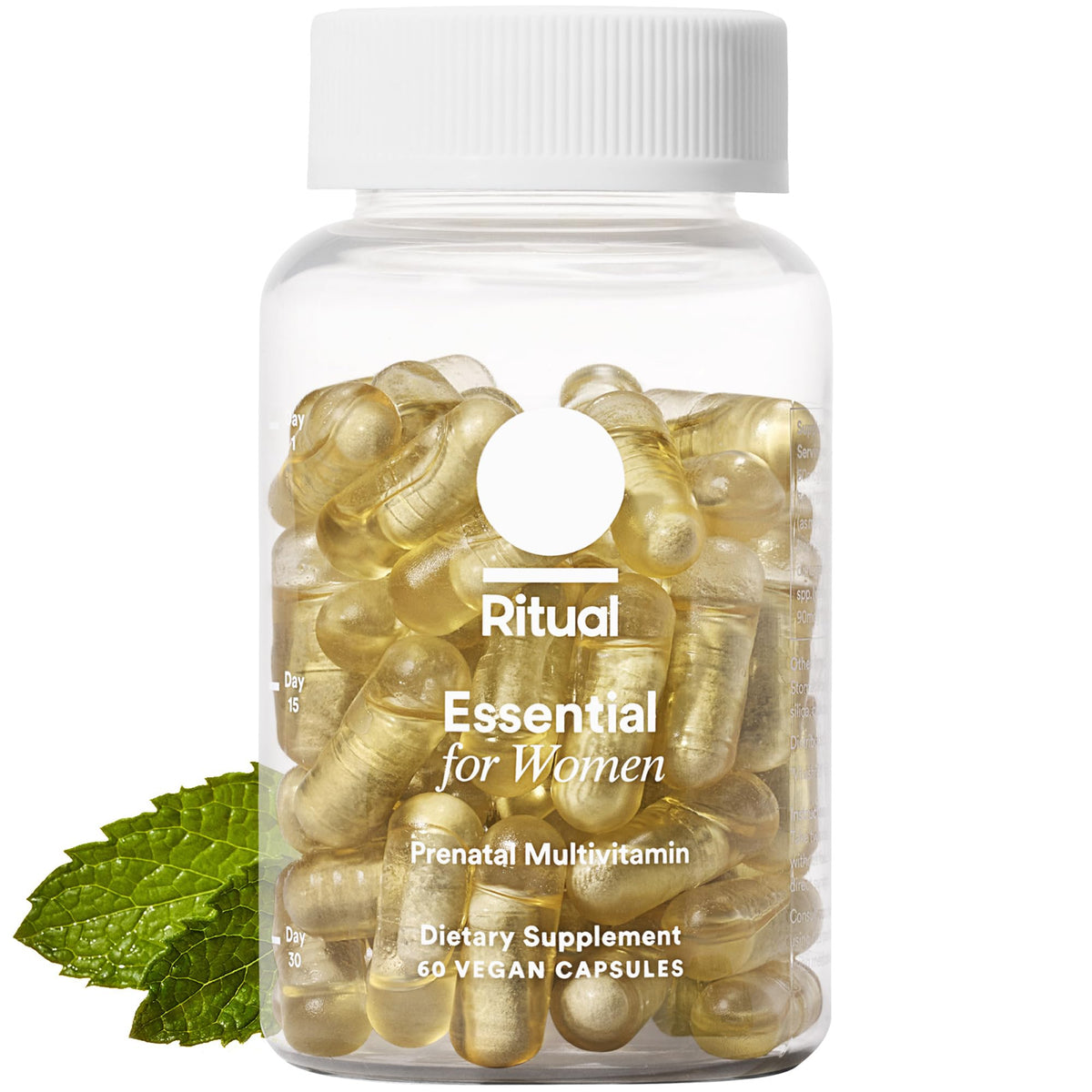Ritual Prenatal multivitamin bottle front view showing mint vegan formula for pregnancy support