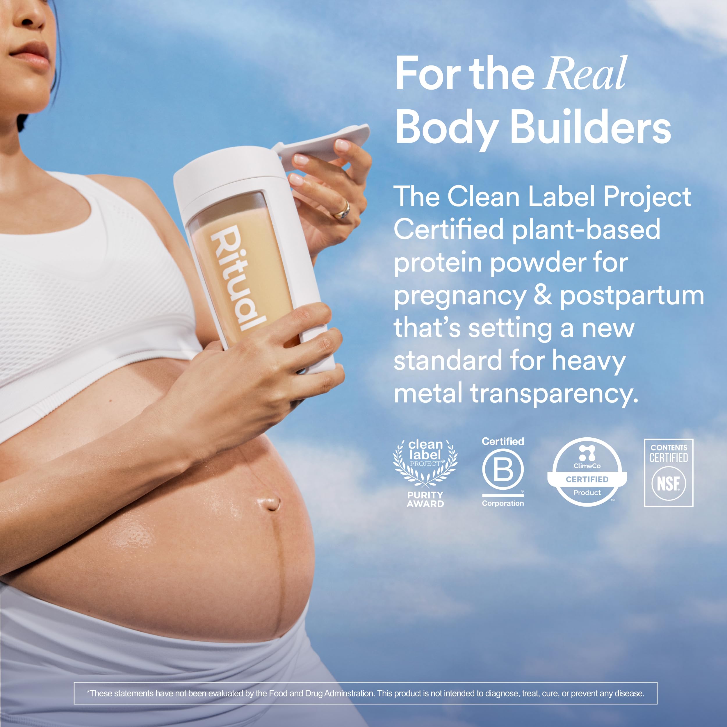 Ritual Prenatal Protein Powder vanilla glass shake focuses on smooth texture for easy mixing.
