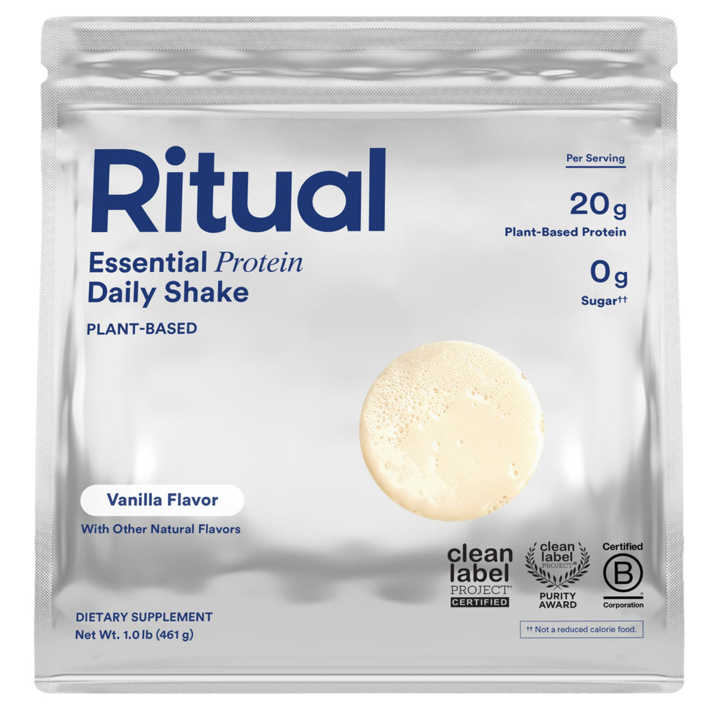 Ritual Vegan Protein Powder vanilla tub highlighting 20g pea protein and complete amino acids.