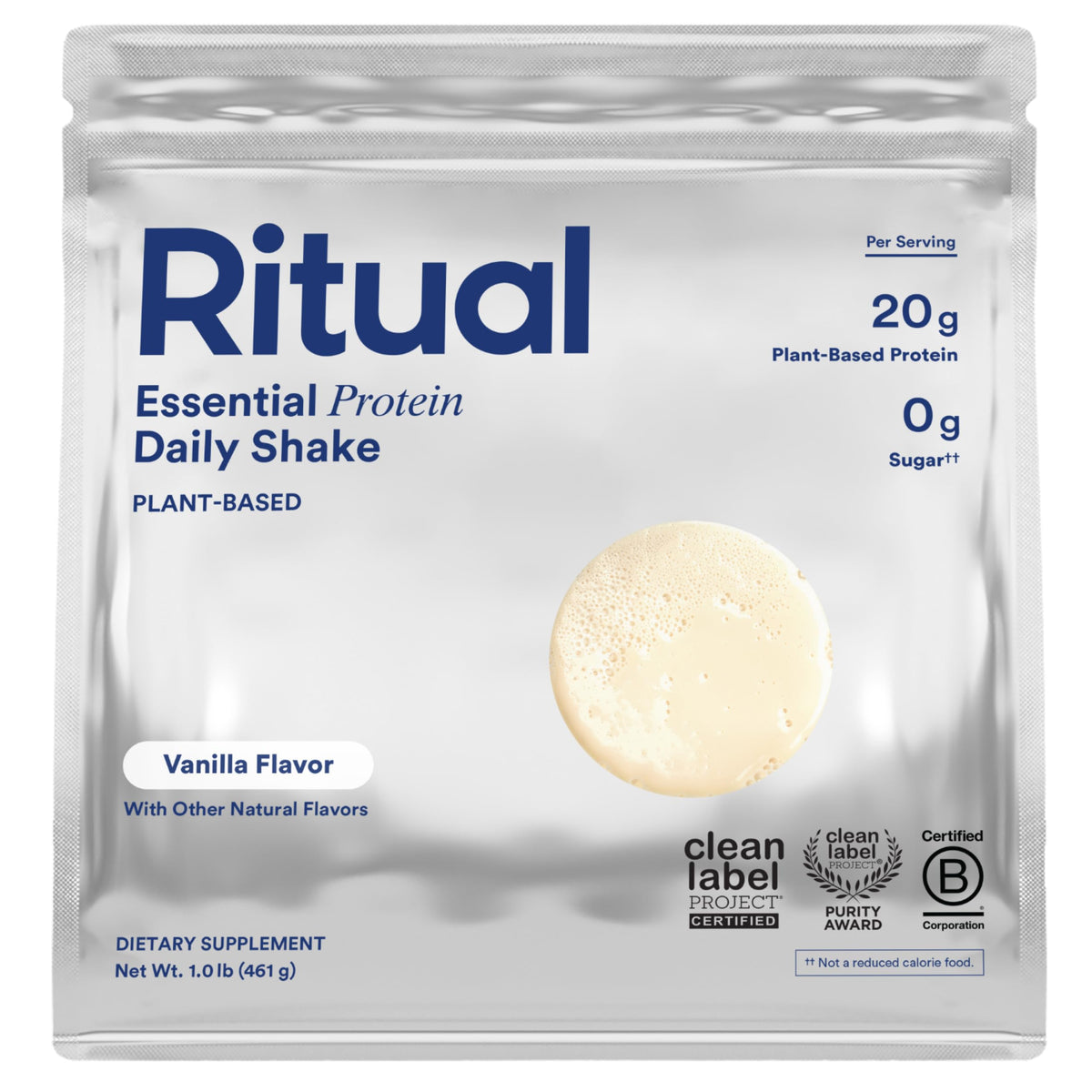 Ritual Vegan Protein Powder vanilla tub highlighting 20g pea protein and complete amino acids.