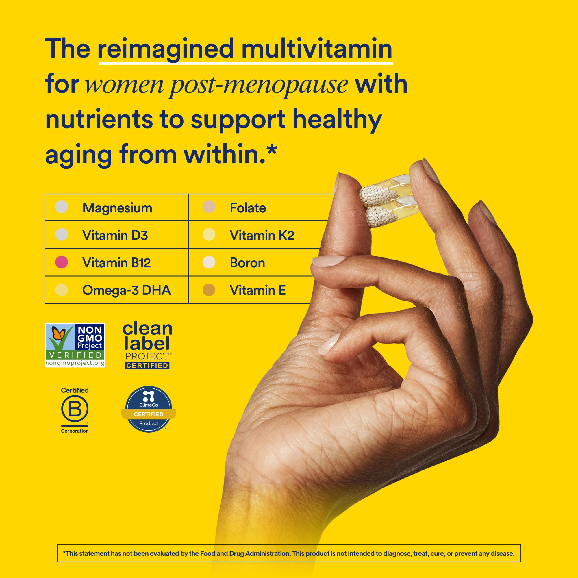 Ritual Women’s 50+ multivitamin bottle back label showing key nutrients and third-party testing.