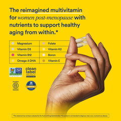 Ritual Women’s 50+ multivitamin bottle back label showing key nutrients and third-party testing.