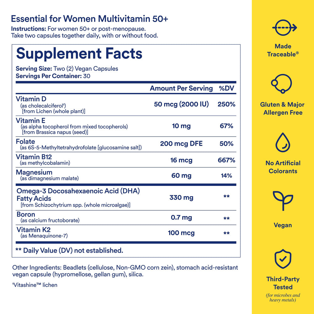 Ritual Women’s 50+ multivitamin DHA omega-3 capsule close-up emphasizing microalgae source.