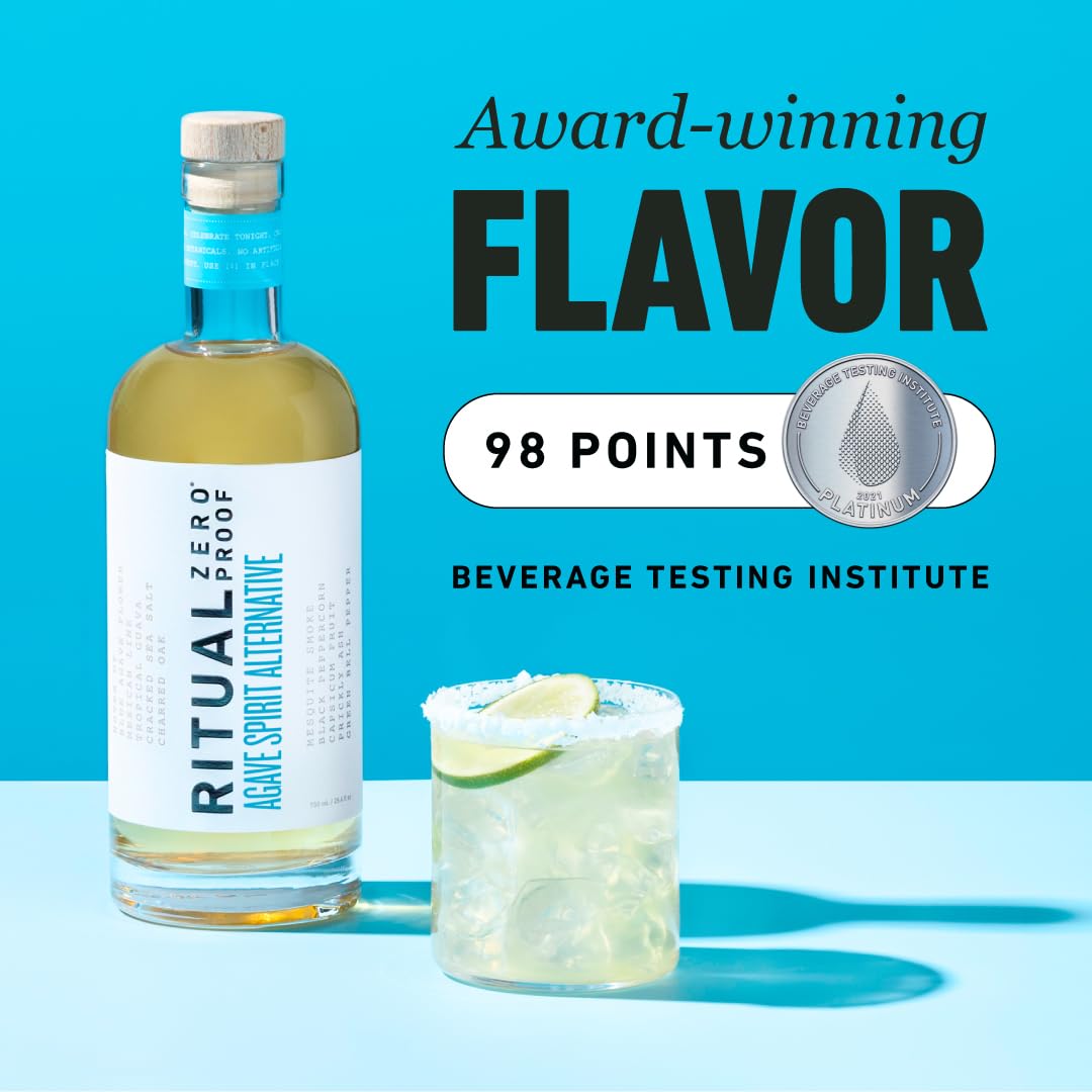 Ritual Zero-Proof agave bottle with pour captured for simple at-home mocktails