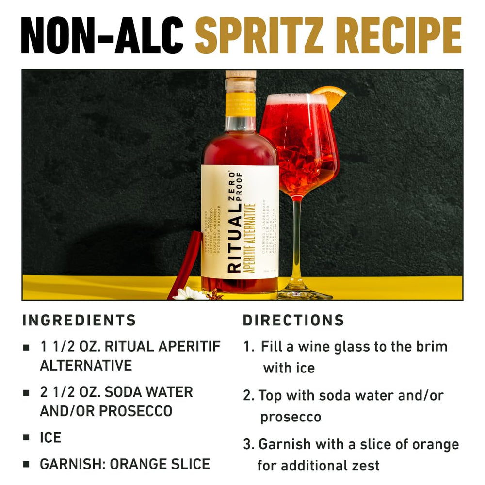 Non-alcoholic spritz prepared with Ritual Aperitif, served with ice and citrus