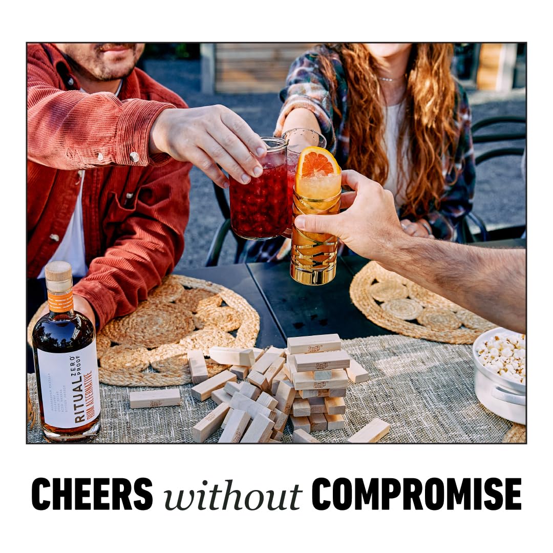 Ritual Zero-Proof Rum on a bar cart, quick mocktails.