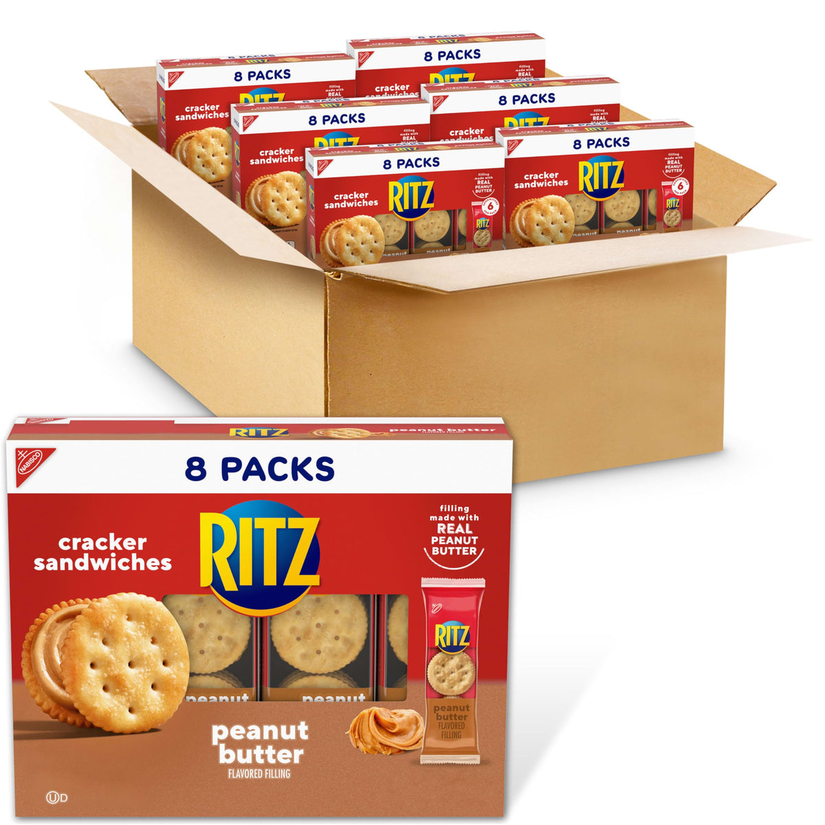 Ritz peanut butter sandwich crackers box-front view, convenient multi-pack for grab-and-go snacks.