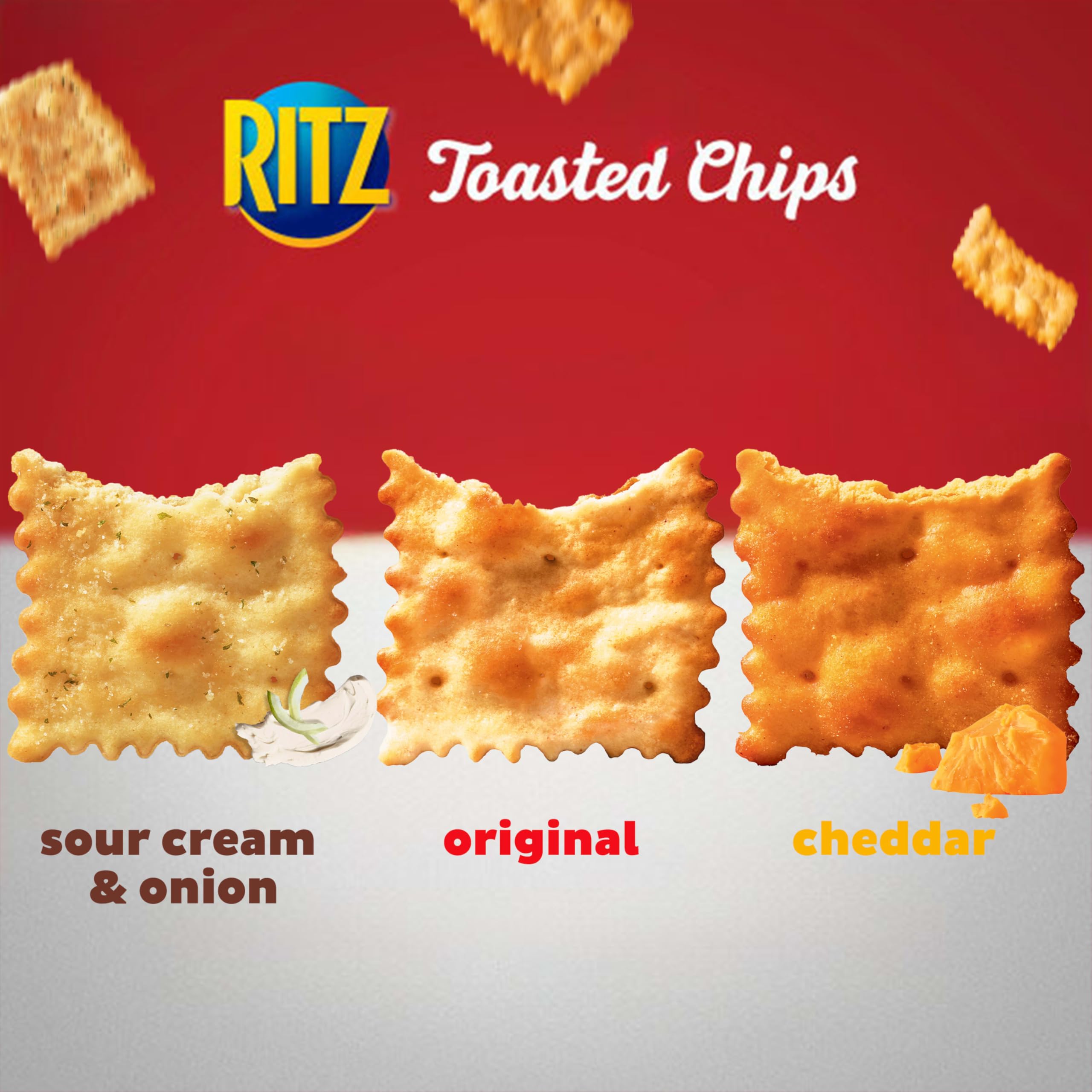 Ritz Toasted Chips Cheddar packshot showcases bold cheese flavor.