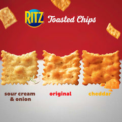 Ritz Toasted Chips Cheddar packshot showcases bold cheese flavor.