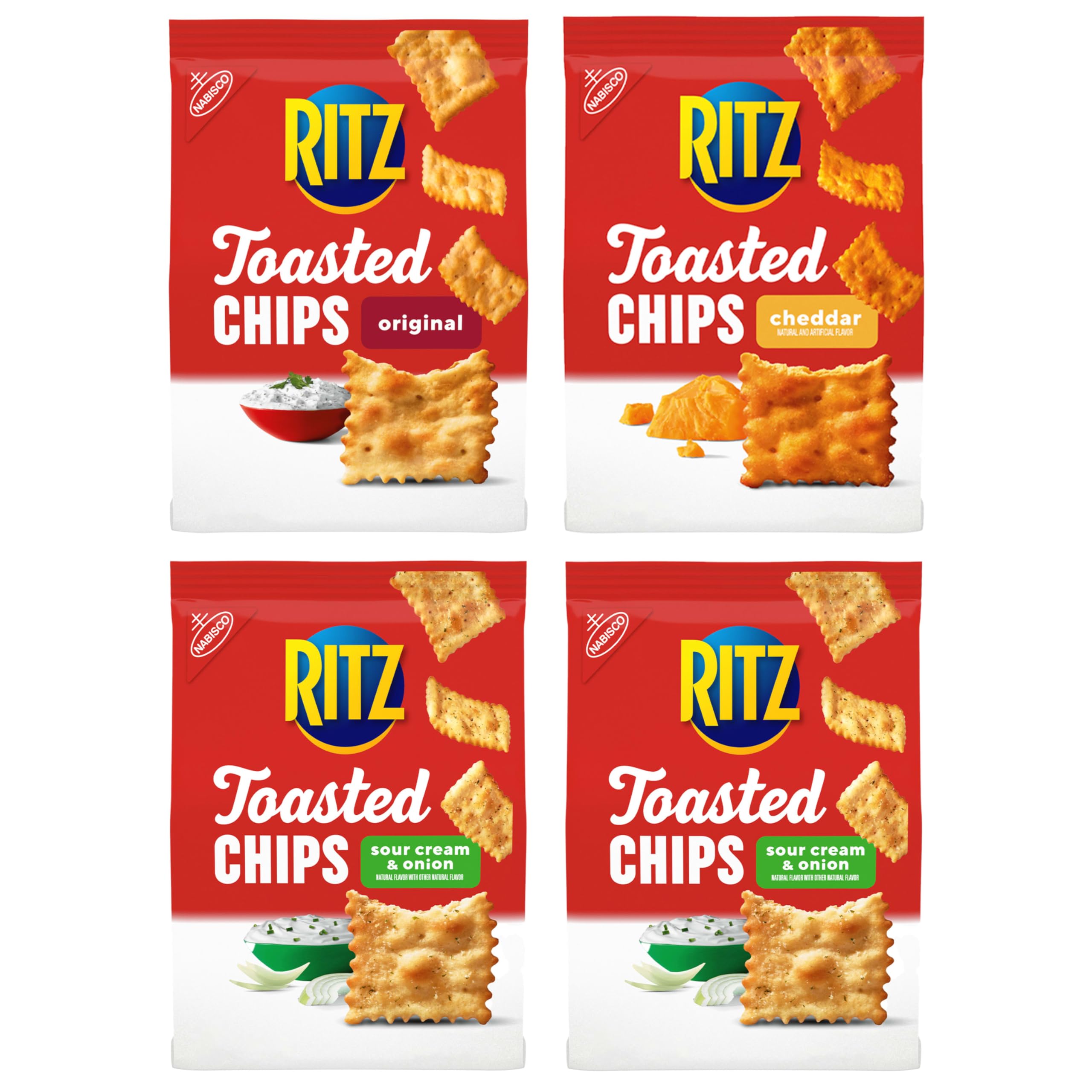 Ritz Toasted Chips Sour Cream and Onion packshot ready for dipping.