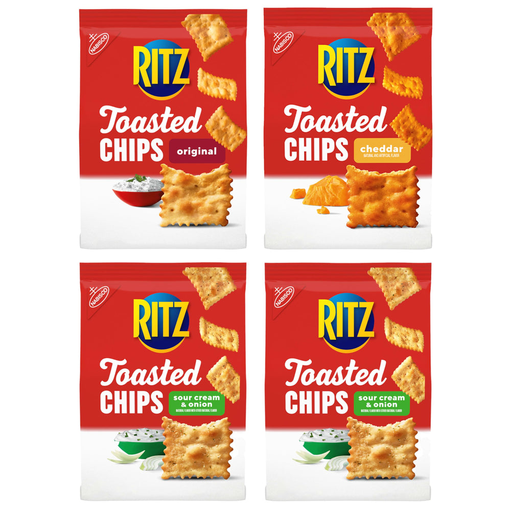 Ritz Toasted Chips Sour Cream and Onion packshot ready for dipping.