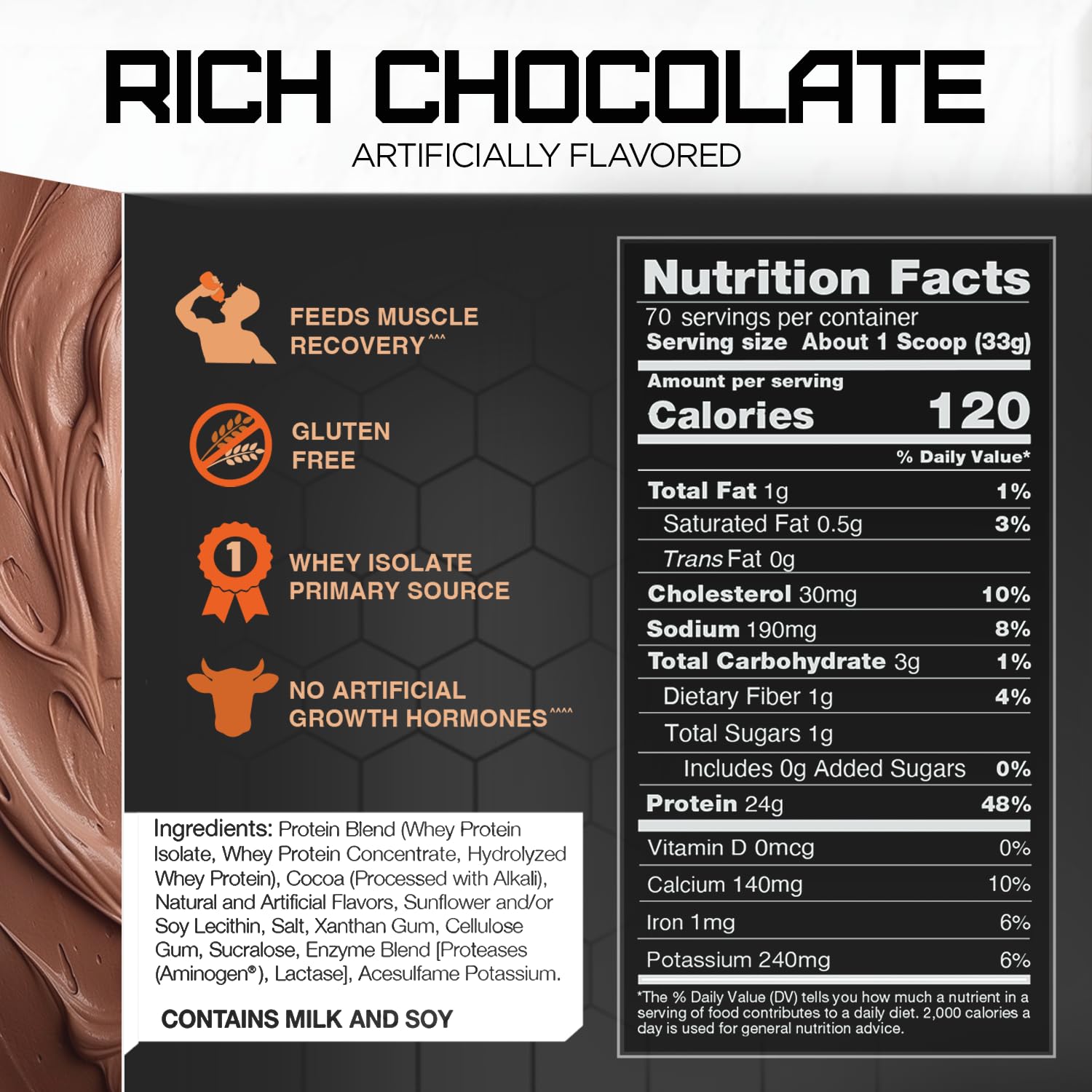 Rival Whey Rich Chocolate 5lb ingredients label emphasizes purity and quality