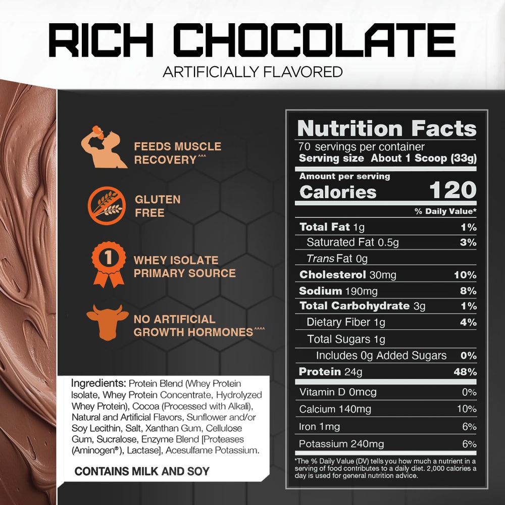 Rival Whey Rich Chocolate 5lb ingredients label emphasizes purity and quality