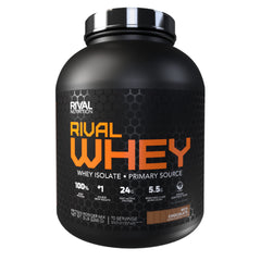 Rival Whey Rich Chocolate 5lb powder in bag highlights high protein and quick mix