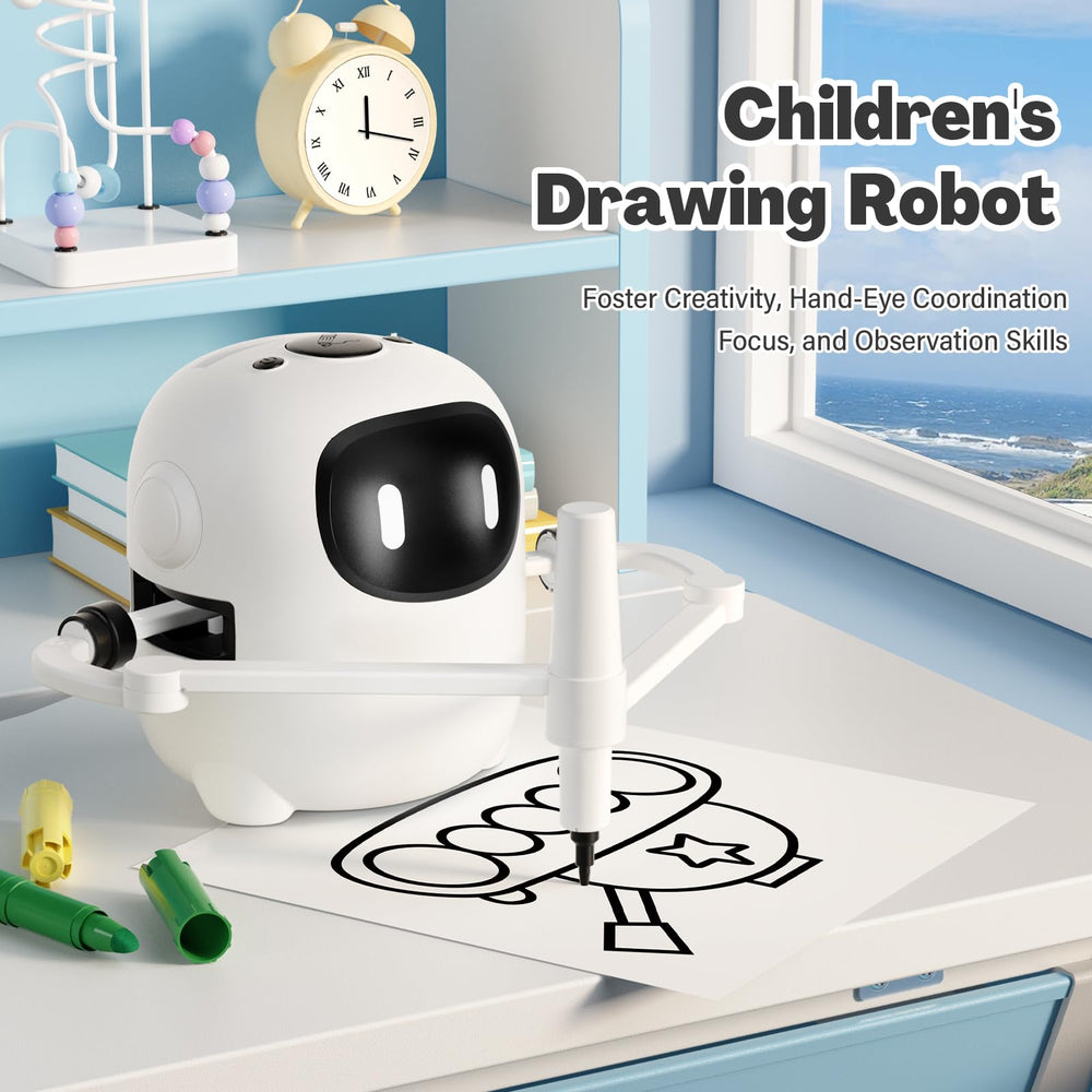 RIVGOT drawing robot in action with a child drawing along to instructional cards.