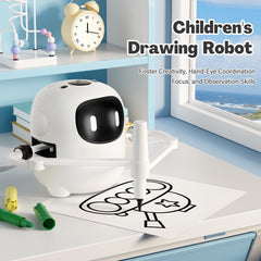 RIVGOT drawing robot in action with a child drawing along to instructional cards.
