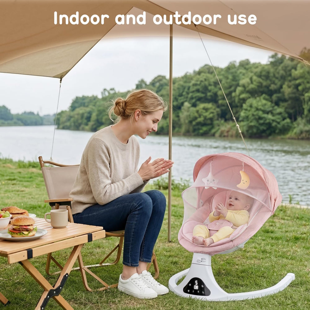 Detachable pink seat pad on RIVIPLOU baby swing for easy cleaning