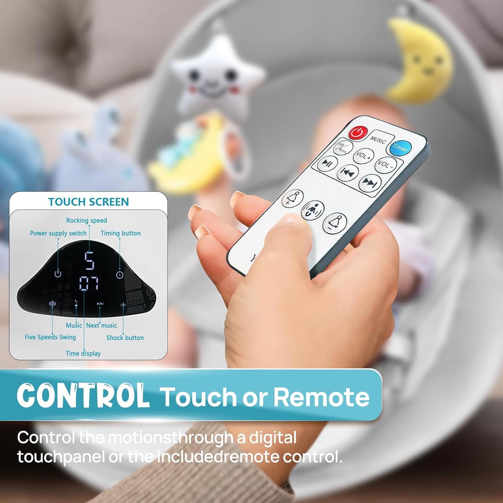 RIVIPLOU bluetooth connectivity for wireless lullabies during soothing sessions.