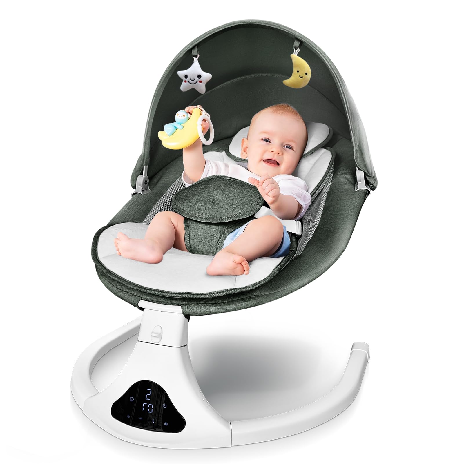 RIVIPLOU electric baby swing with remote control for soothing motions and adjustable speeds.