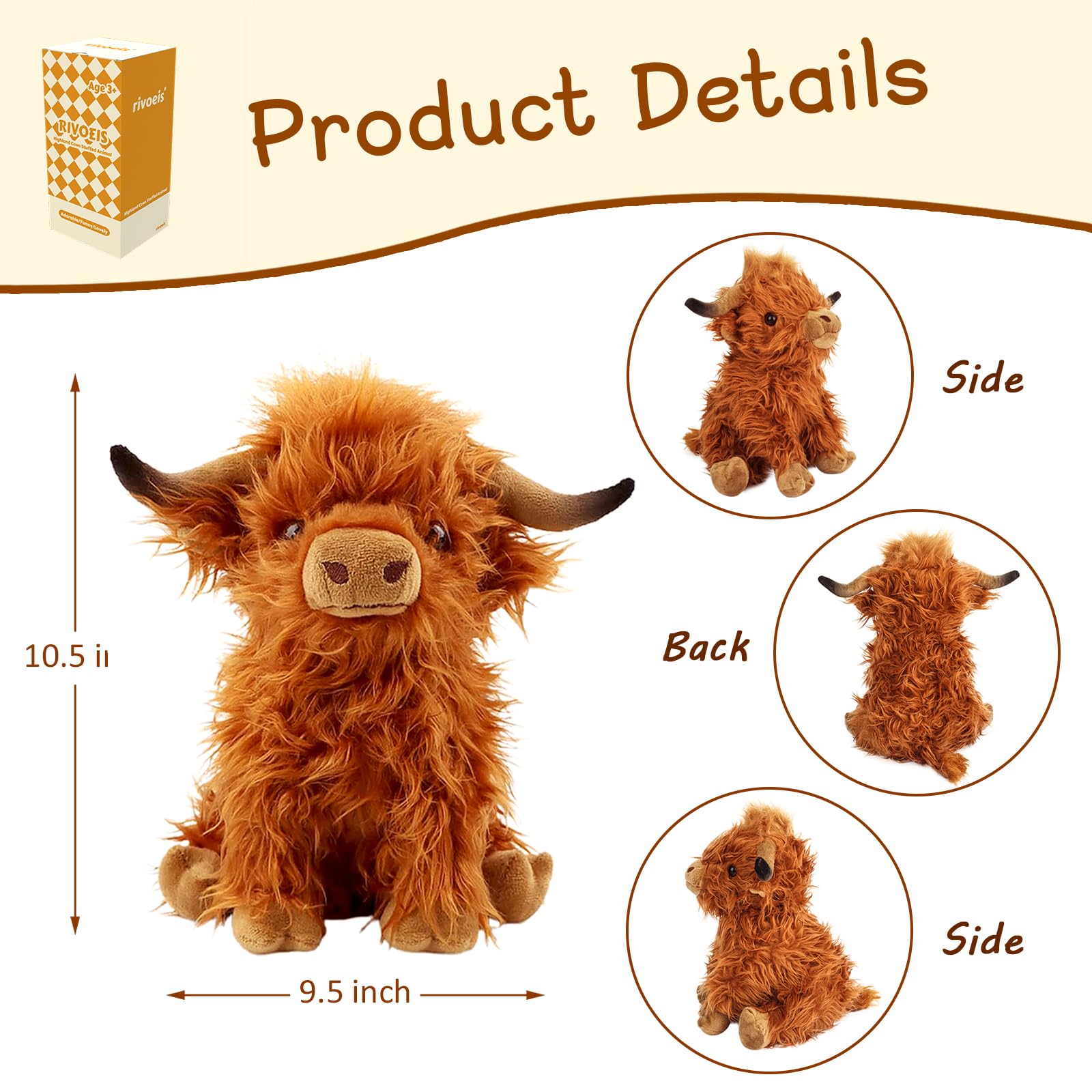 Rivoeis Highland Cows plush decor setup, adds whimsy to shelves.