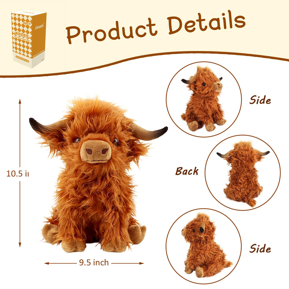 Rivoeis Highland Cows plush decor setup, adds whimsy to shelves.