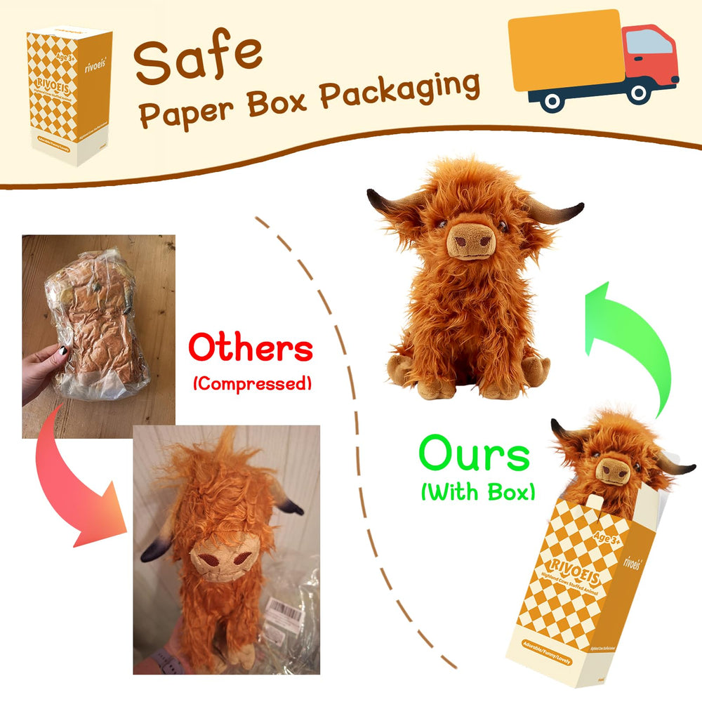 Rivoeis Highland Cows plush gift packaging, ready for gifting.