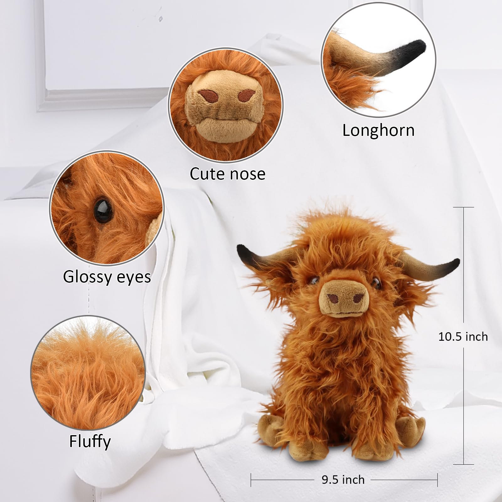 Rivoeis Highland Cows plush in hand, 10.5 inches tall for versatile display.