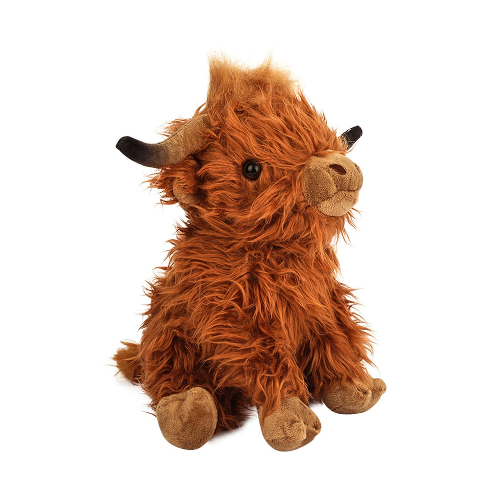 Rivoeis Highland Cows plush, side view, durable cuddle buddy for kids.