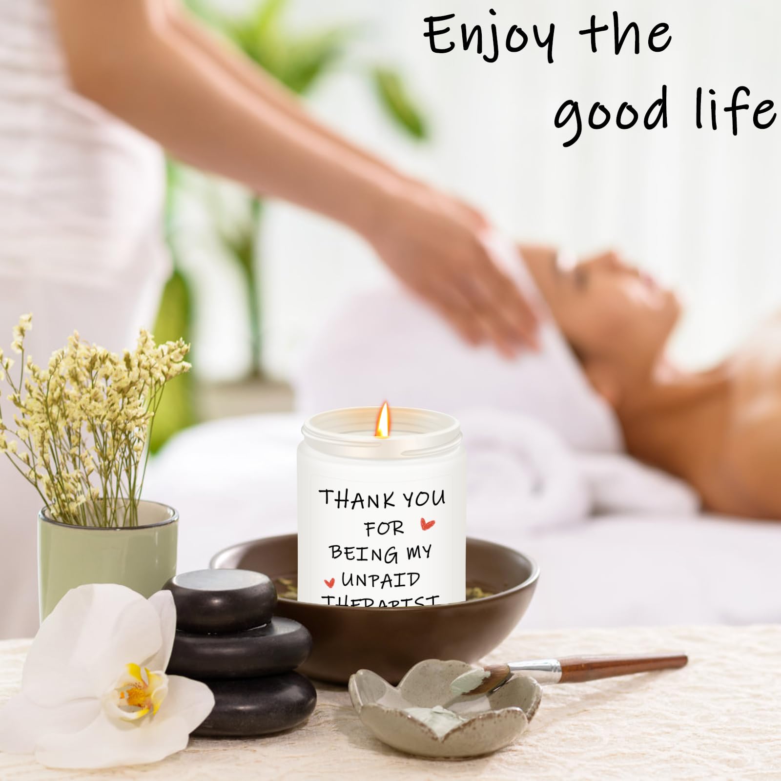 RIZOOCE candle label with unpaid therapist quote card.