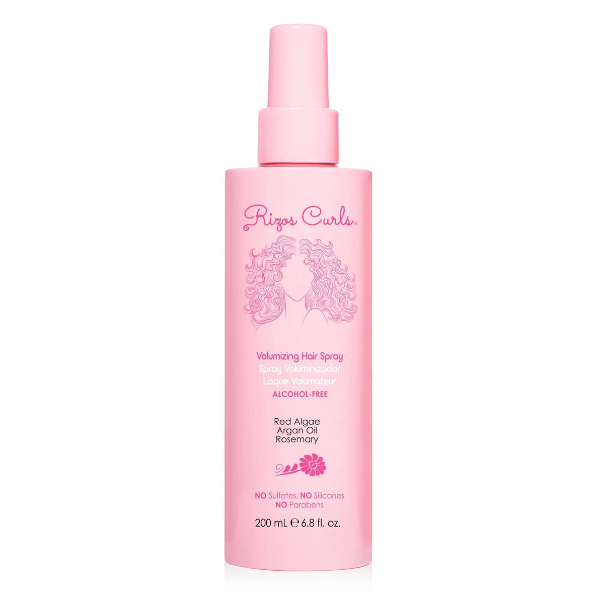 Rizos Curls alcohol-free curl spray bottle for flexible hold and light shine.