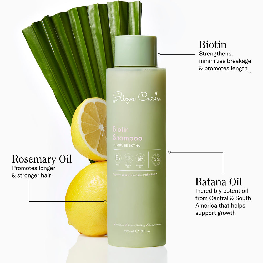 Rizos Curls Biotin Shampoo rich lather delivering strength and softness