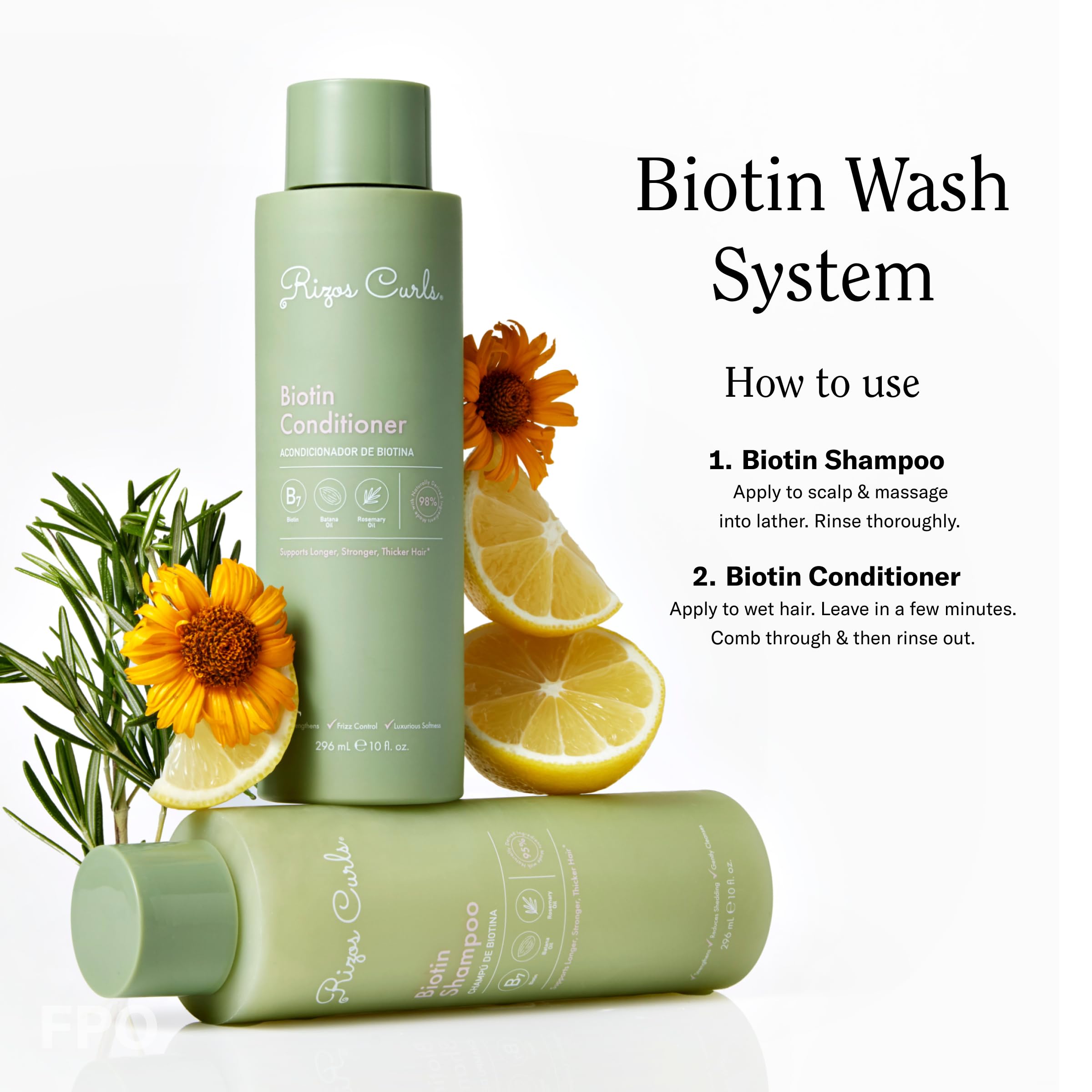 Rizos Curls Biotin Shampoo bottle close-up showing natural ingredients